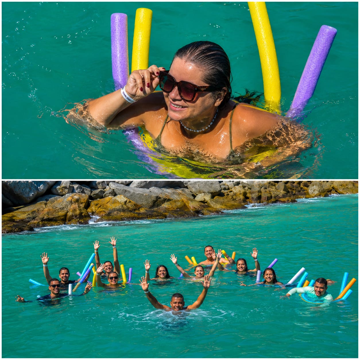 Pasajeros nadando con tubos flotadores en aguas cristalinas