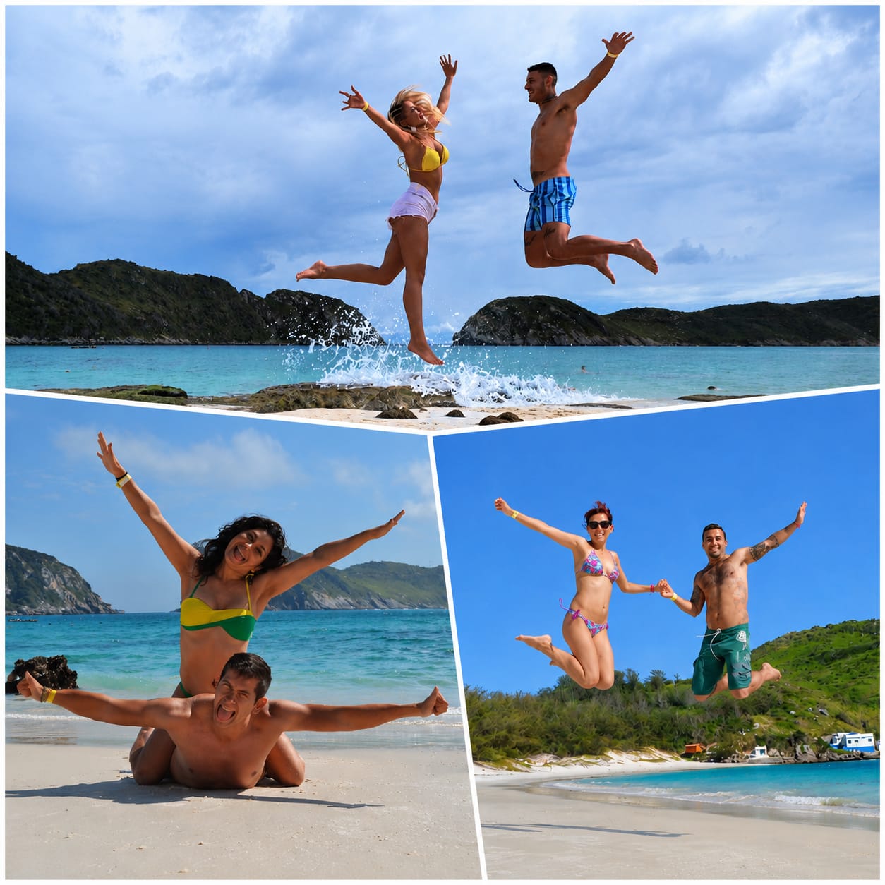 Pasajeros saltando y disfrutando en las playas de Arraial