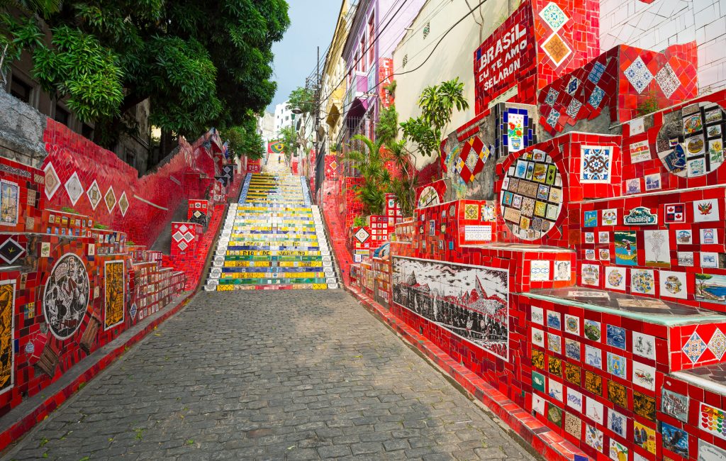 An early morning view of the Escadaria Selarón (Selaron Steps), a tourist attraction adjacent to the popular nightlife area of Lapa in Rio de Janeiro, Brazil