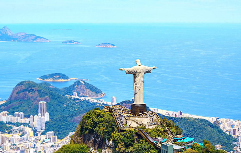 Aerial view of Rio de Janeiro with Christ Redeemer and Corcovado Mountain. Brazil. Latin America, horizontal