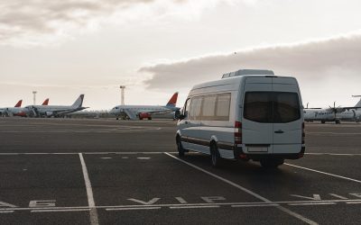 Minibus on a parking lot in airport area
